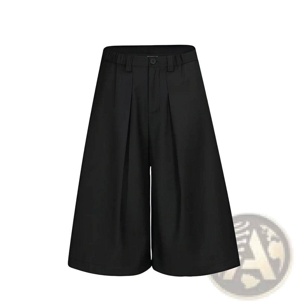 Black pleated wide leg mens suit shorts with elastic waistband and single front button closure in lightweight fabric