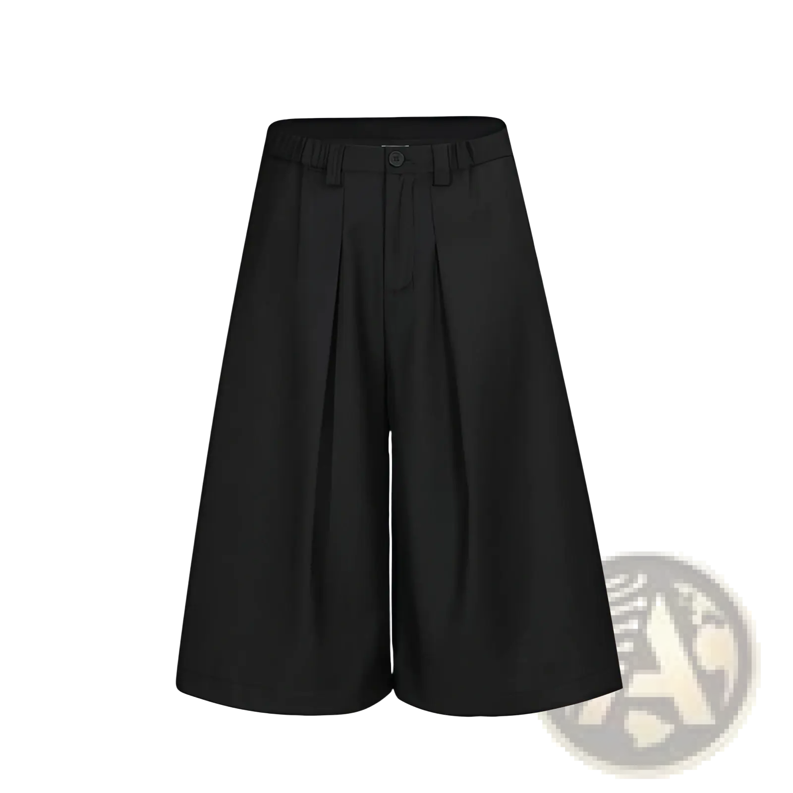 Black pleated wide leg mens suit shorts with elastic waistband and single front button closure in lightweight fabric
