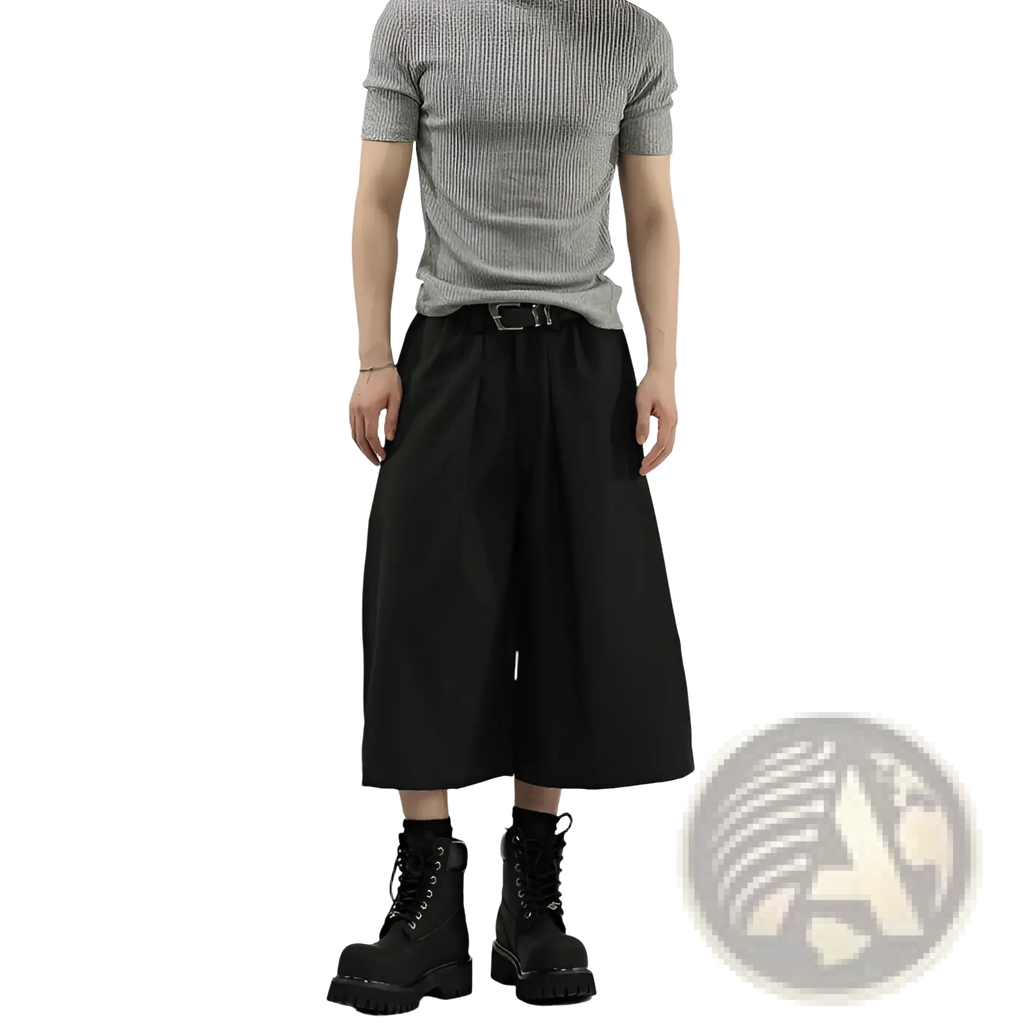 Black pleated wide leg mens suit shorts with high waist and front pleats for formal and stylish occasions