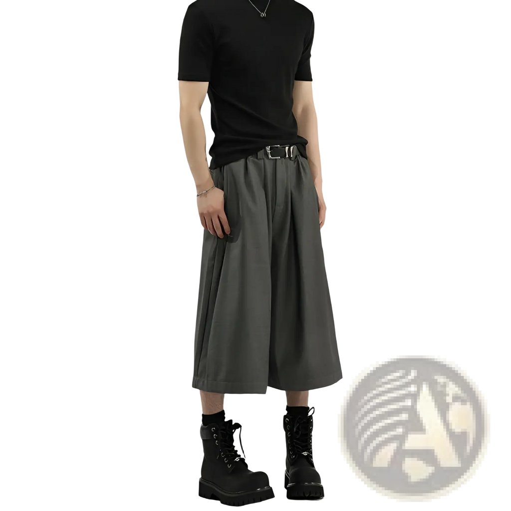 Dark gray pleated wide leg mens suit shorts with a relaxed fit and cropped design in a formal style
