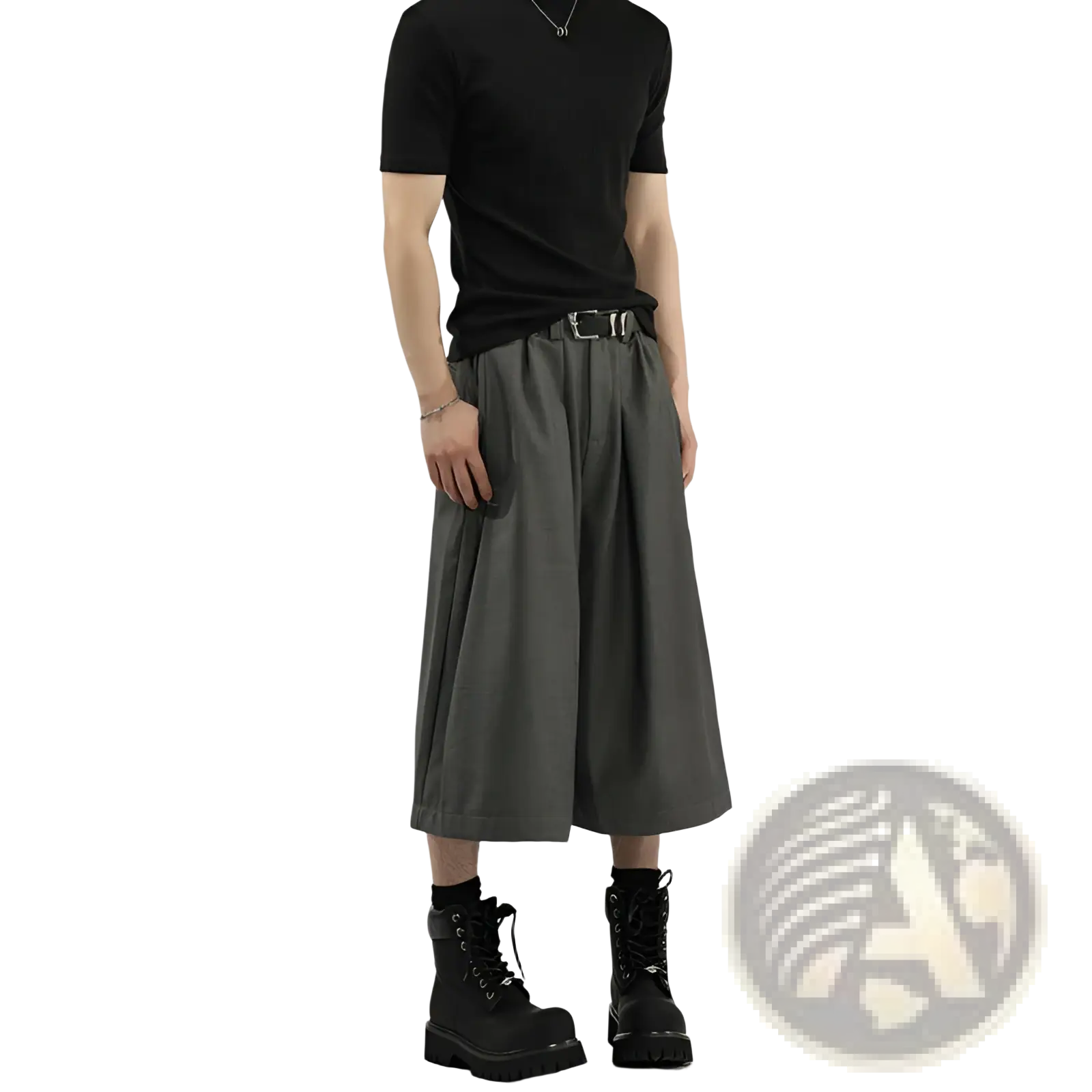 Dark gray pleated wide leg mens suit shorts with a relaxed fit and cropped design in a formal style