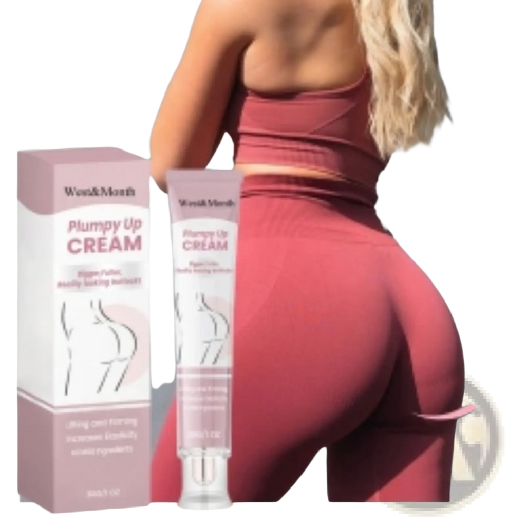 Pink plumpy up buttock cream firming and lifting 30g tube and box with white label and black curvy hips illustrations