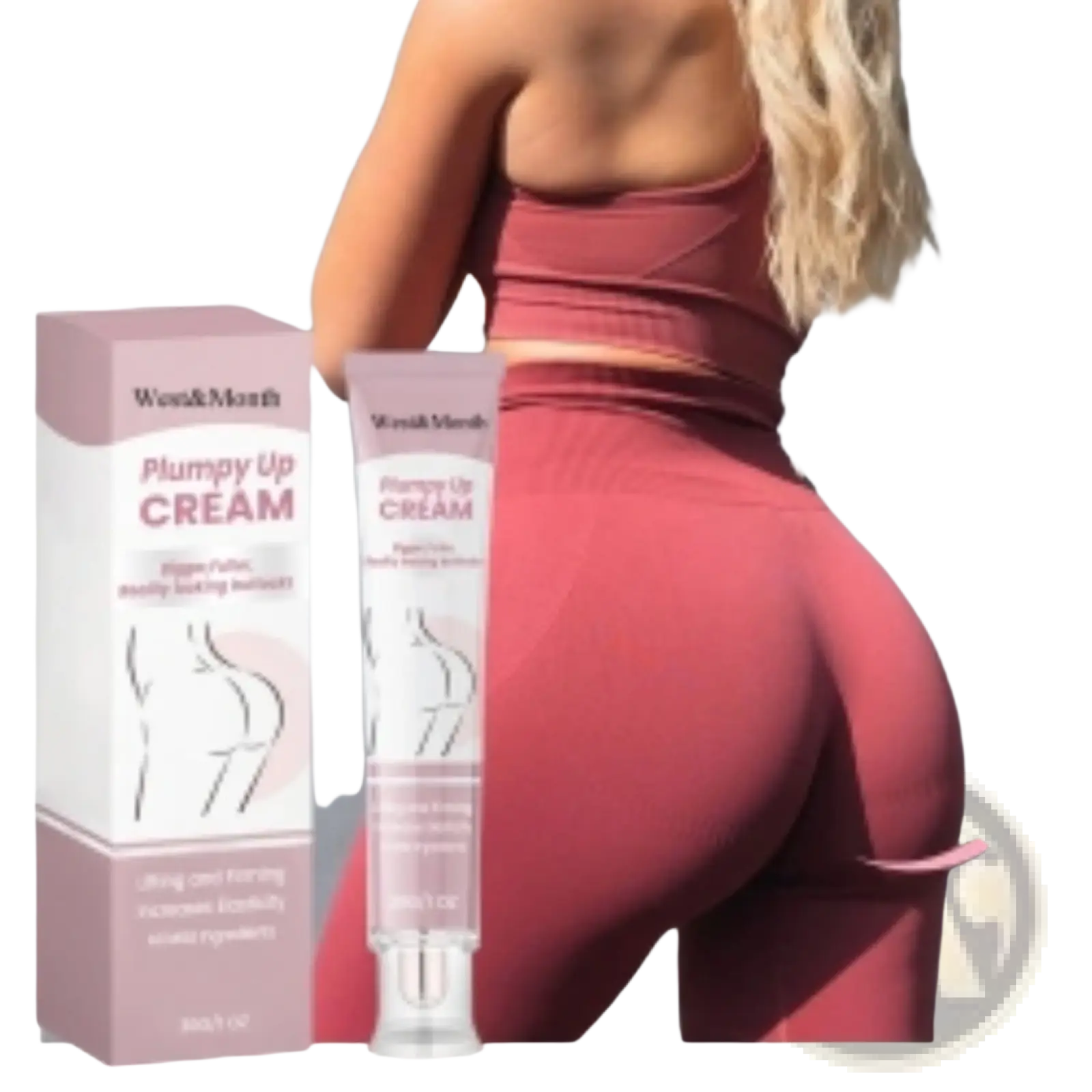 Pink plumpy up buttock cream firming and lifting 30g tube and box with white label and black curvy hips illustrations