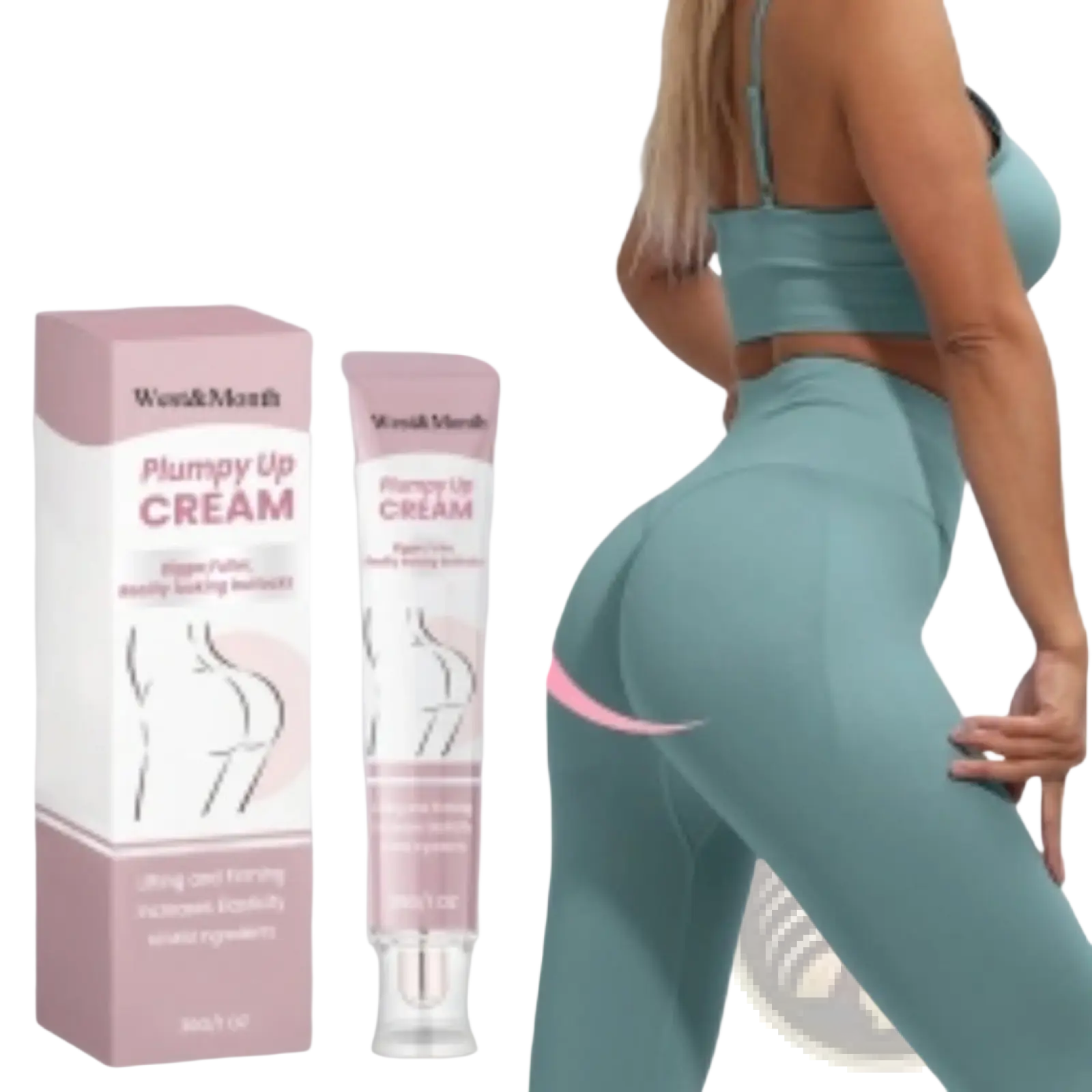 Plumpy up buttock cream firming and lifting 30g pink and white tube with silver cap next to matching box