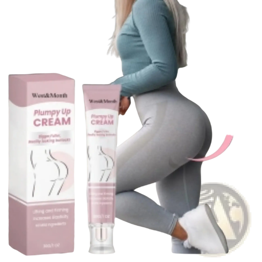 Pink and white plumpy up buttock cream firming and lifting tube with clear cap featuring wom&more branding