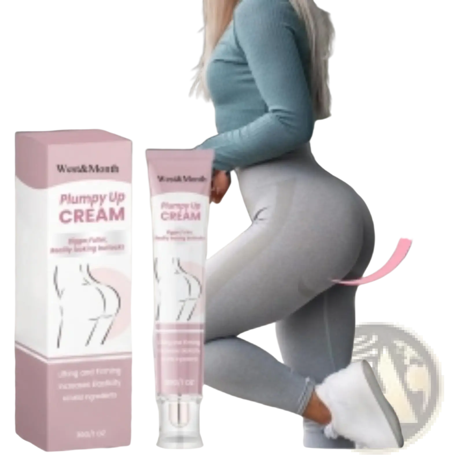 Pink and white plumpy up buttock cream firming and lifting tube with clear cap featuring wom&more branding