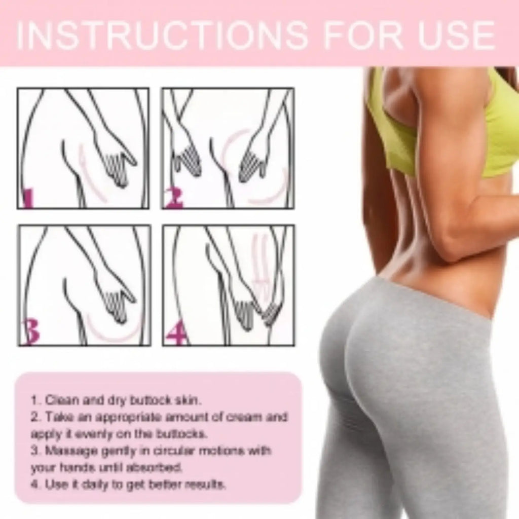 A woman wearing a lime green sports bra and gray leggings showcasing toned buttocks for plumpy up buttock cream firming and lifting 30g