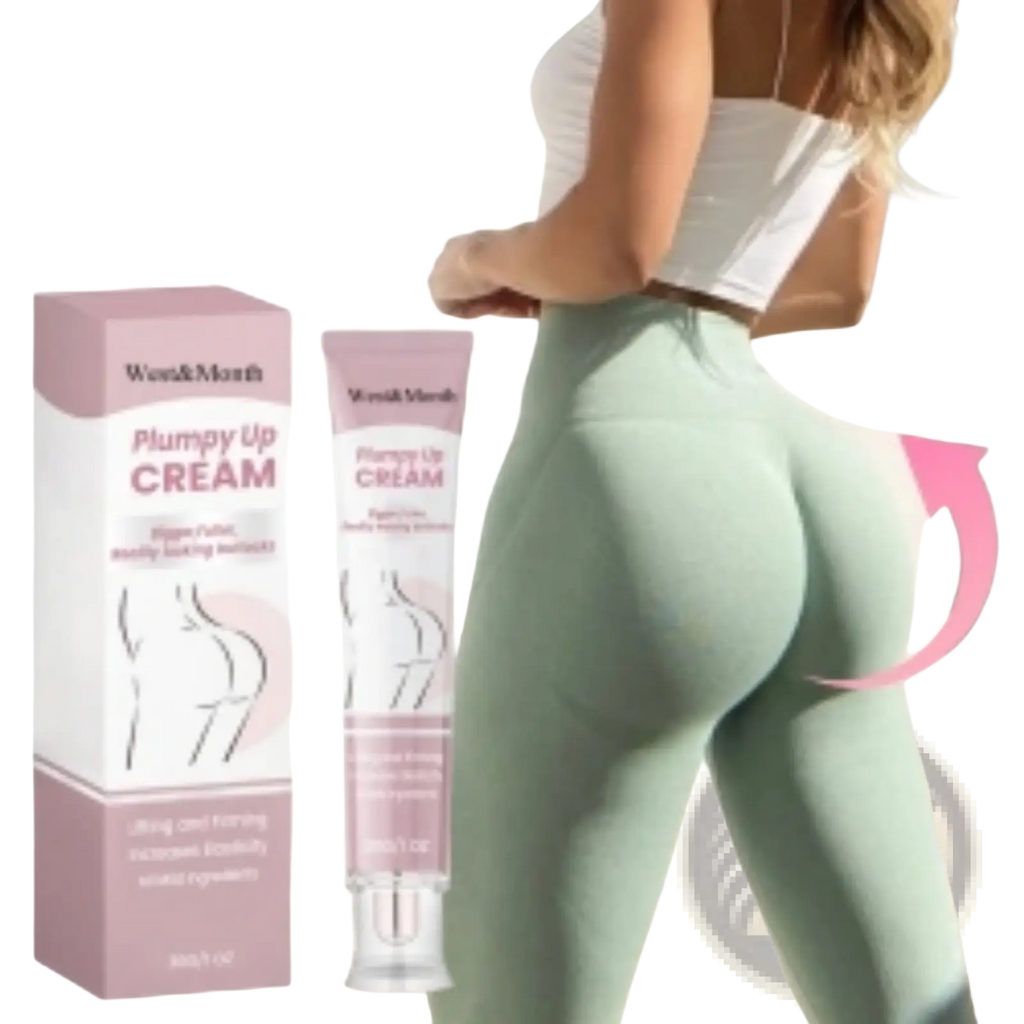 Pink and white plumpy up buttock cream firming and lifting 30g tube by wow&marth with body contour graphics