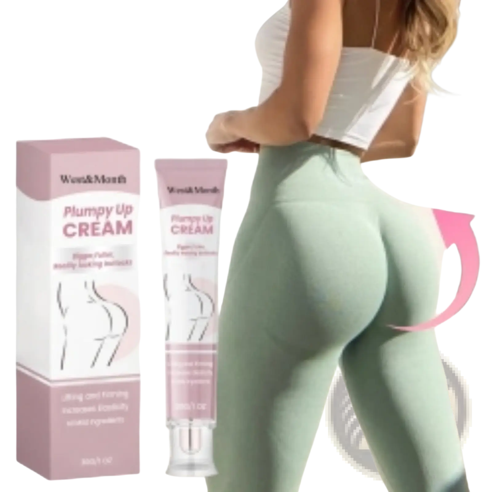 Pink and white plumpy up buttock cream firming and lifting 30g tube by wow&marth with body contour graphics