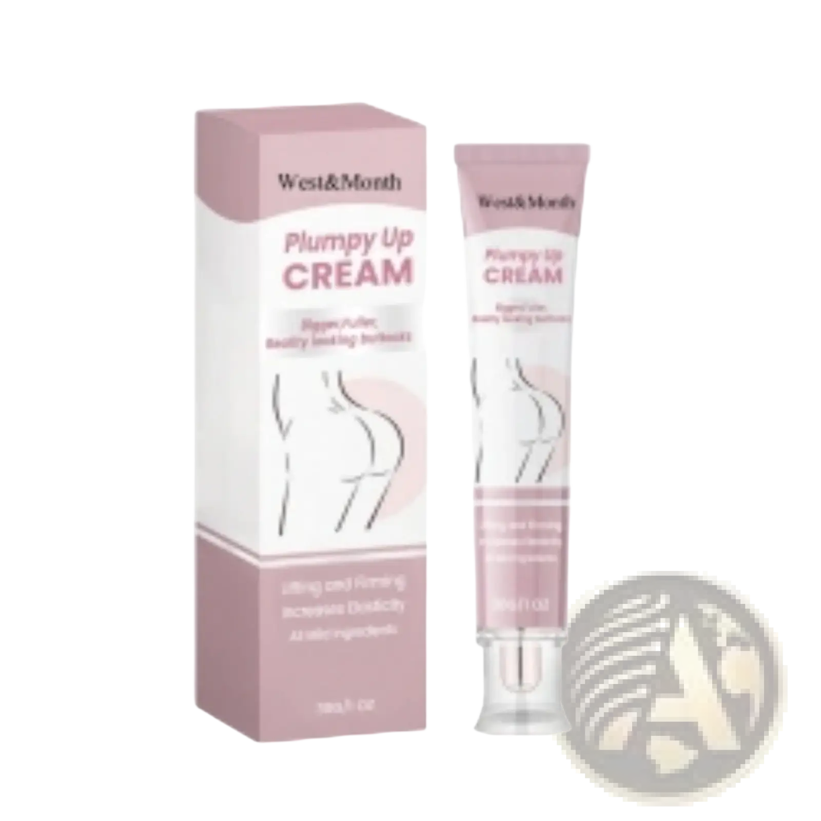 Pink and white plumpy up buttock cream firming and lifting 30g tube from West&Month with a sleek design and clear cap