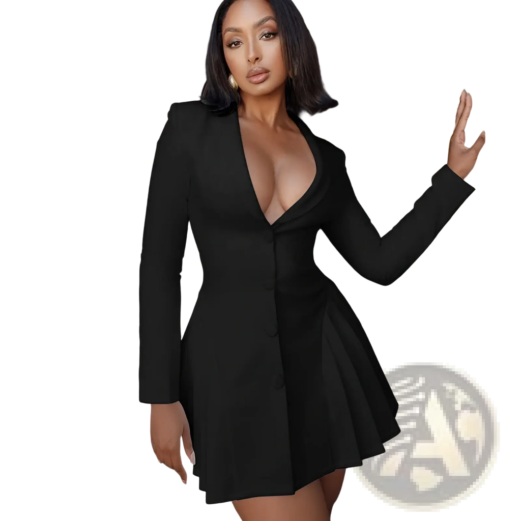 Black long-sleeved blazer mini dress with plunging v-neck and flared ruffled skirt suitable for formal occasions