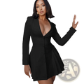Black long-sleeved blazer mini dress with plunging v-neck and flared ruffled skirt suitable for formal occasions