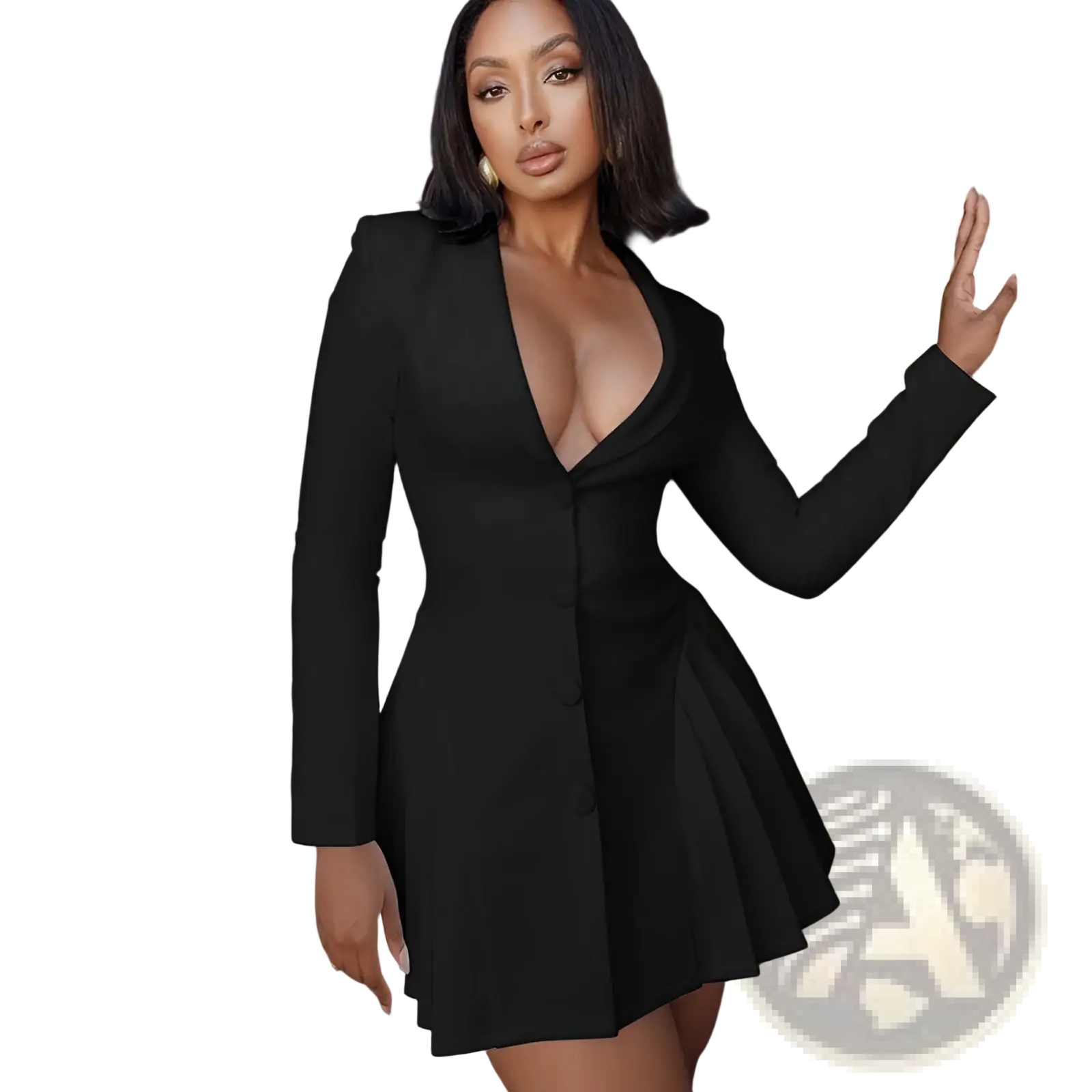 Black long-sleeved blazer mini dress with plunging v-neck and flared ruffled skirt suitable for formal occasions