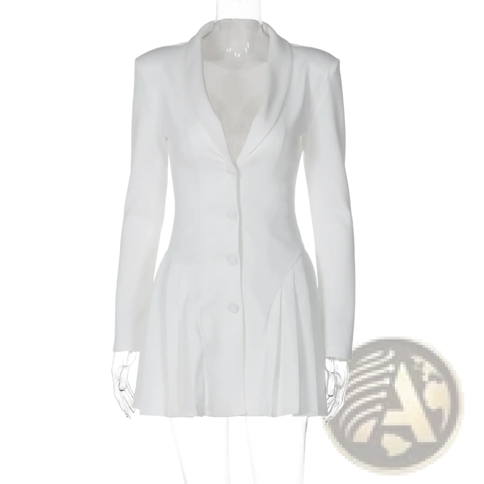 White tailored blazer mini dress with plunging v neck, long sleeves, and pleated skirt detail in a ruffled design