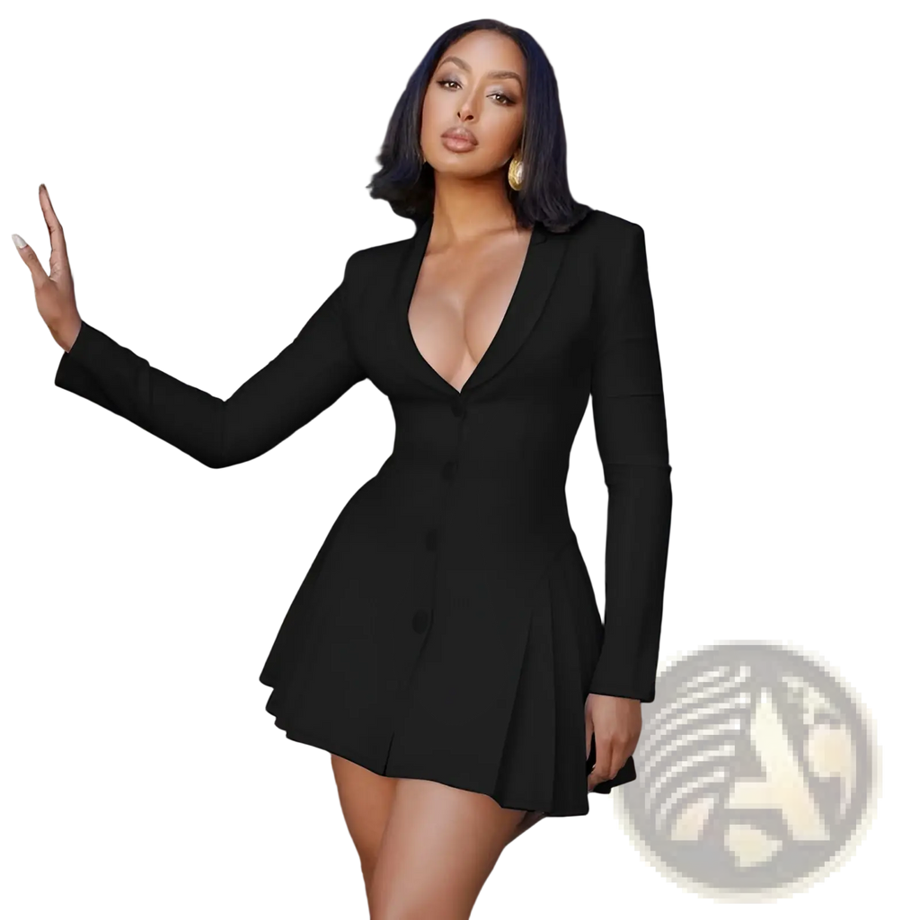 Black long sleeve blazer mini dress with plunging v neckline and pleated skirt for elegant occasions