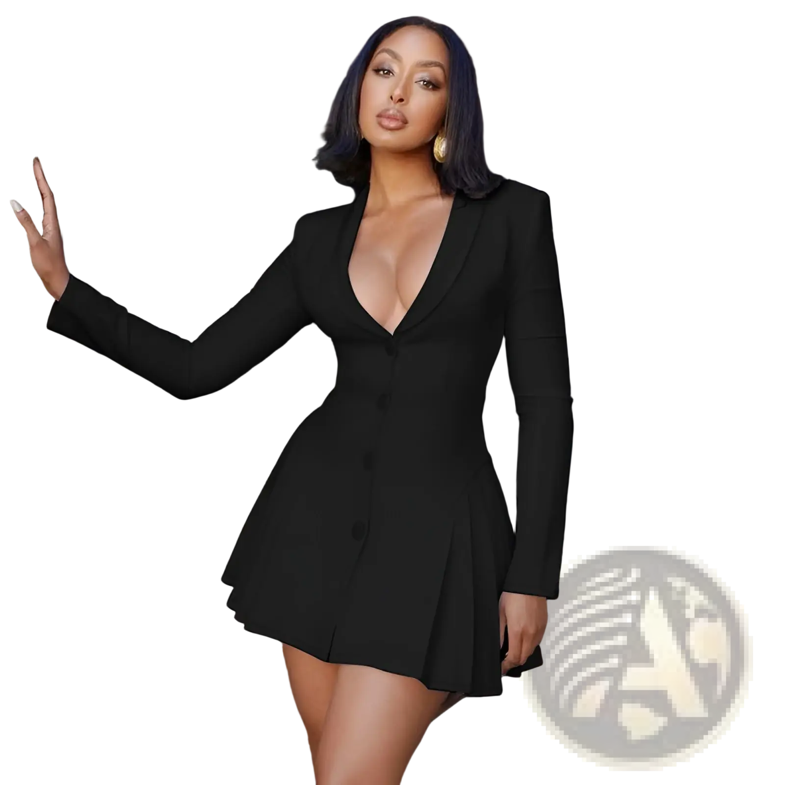 Black long sleeve blazer mini dress with plunging v neckline and pleated skirt for elegant occasions