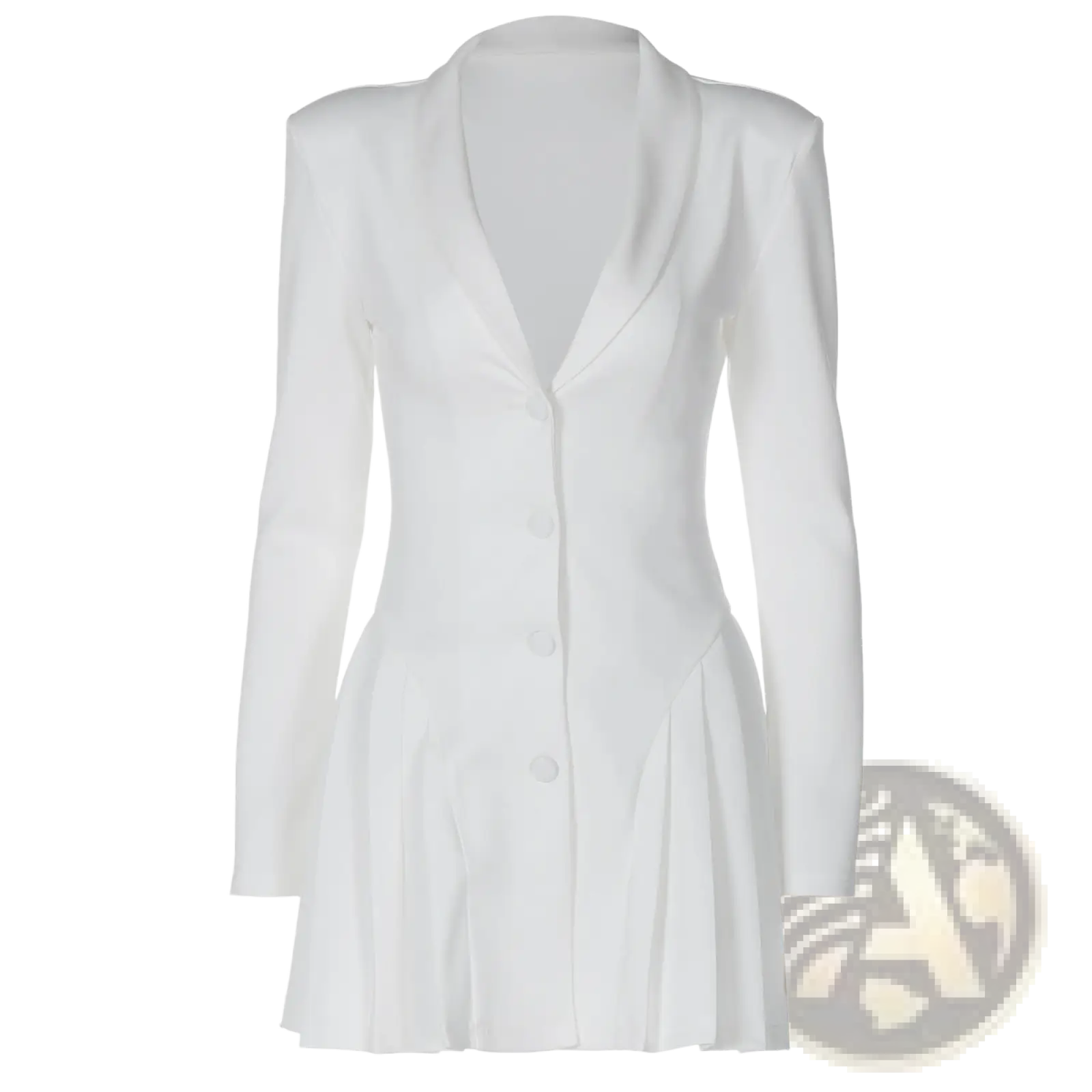 White blazer-style mini dress with pleated skirt and button-front design featuring plunging v neck and long sleeves