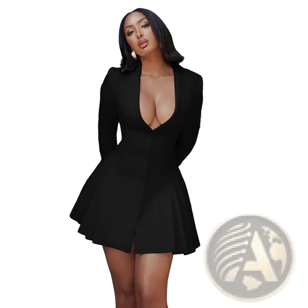 Black long-sleeved mini dress with a plunging v-neckline and flared skirt perfect for stylish evening wear