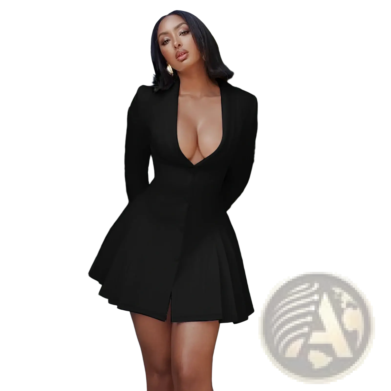 Black long-sleeved mini dress with a plunging v-neckline and flared skirt perfect for stylish evening wear