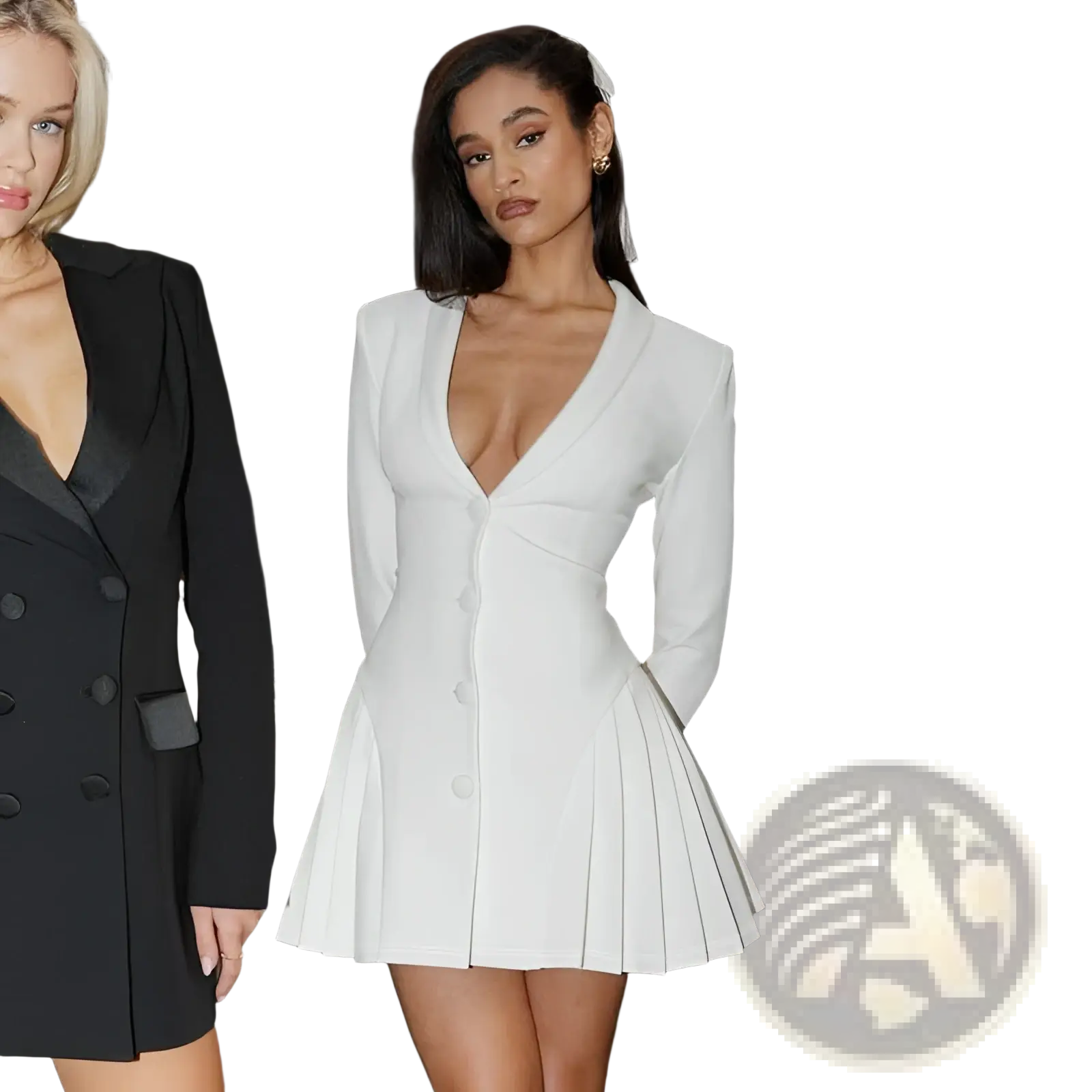 White pleated mini dress with long sleeves and button-front design featuring a plunging v neck and ruffled blazer style