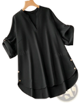 Plus notched neck black linen blouse with v-neck three-quarter roll sleeves and decorative side seam buttons