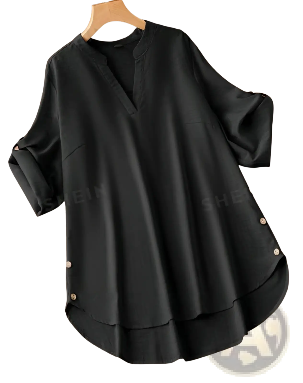 Plus notched neck black linen blouse with v-neck three-quarter roll sleeves and decorative side seam buttons