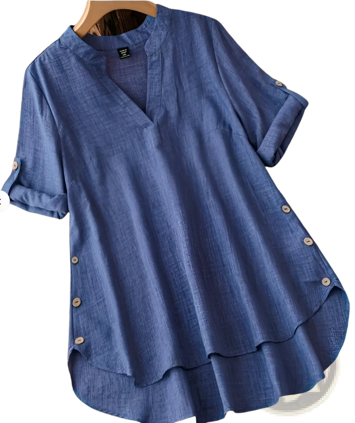 Blue linen plus size notched neck blouse with roll sleeves and button details in a high low design