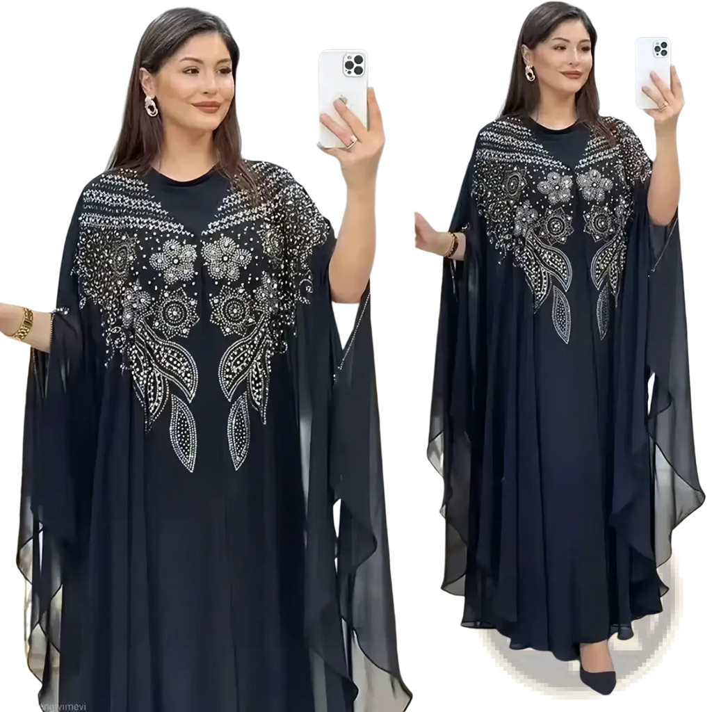 Plus size African party abaya set featuring a black sheer cape dress with silver beaded floral embroidery