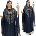 Plus size African party abaya set featuring a black sheer cape dress with silver beaded floral embroidery