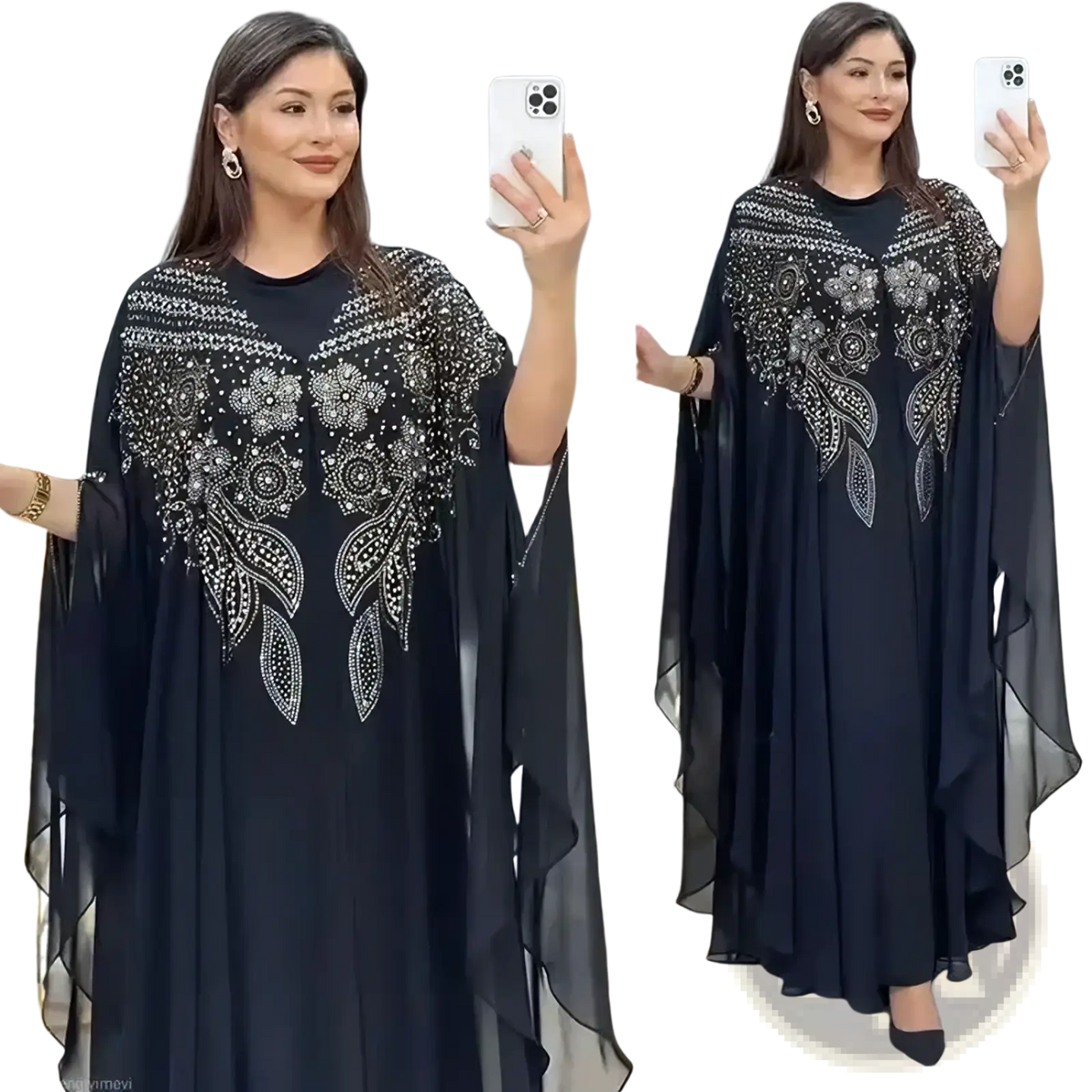 Plus size African party abaya set featuring a black sheer cape dress with silver beaded floral embroidery