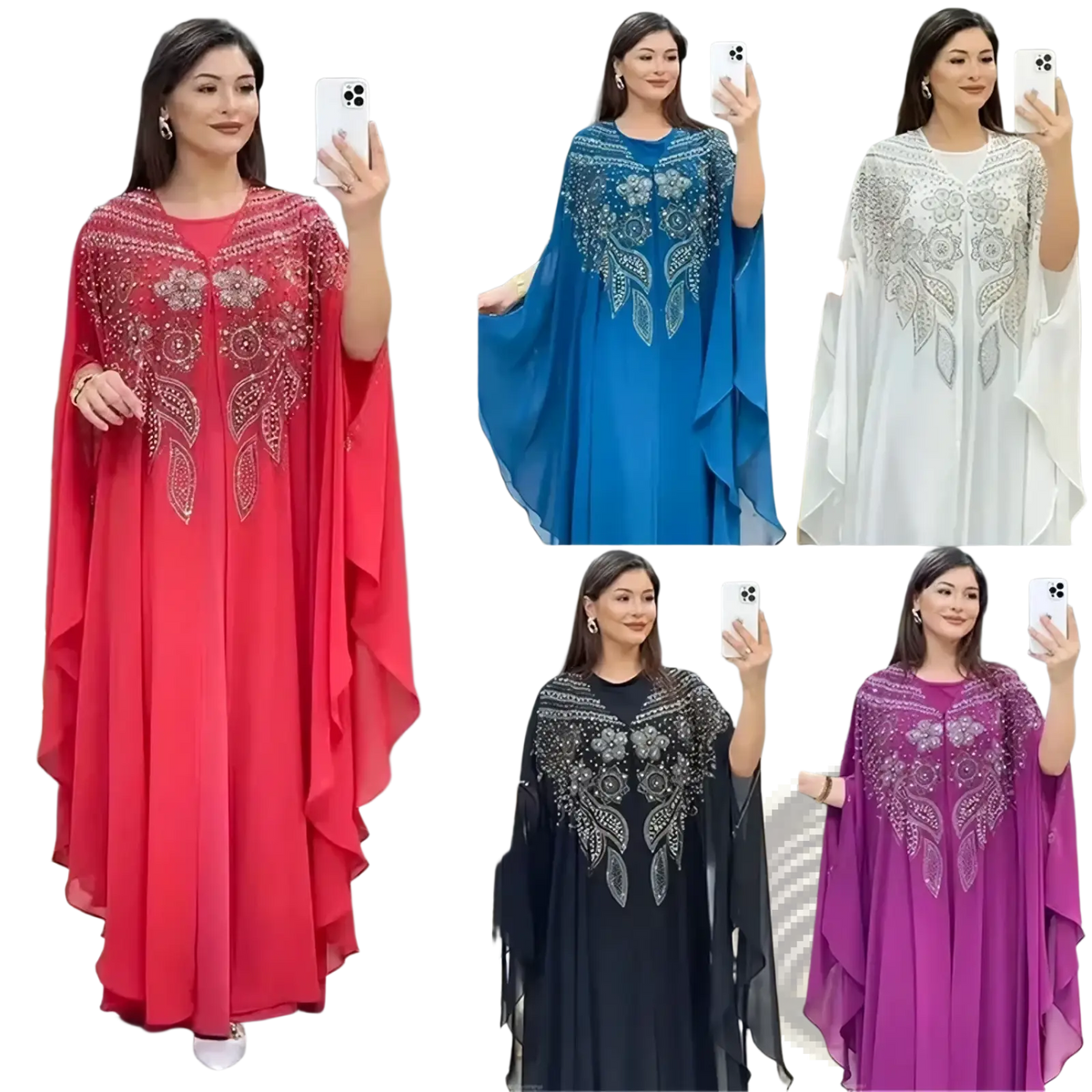 Plus size African party abaya set featuring a flowing red long-sleeved dress with intricate gold and silver beading