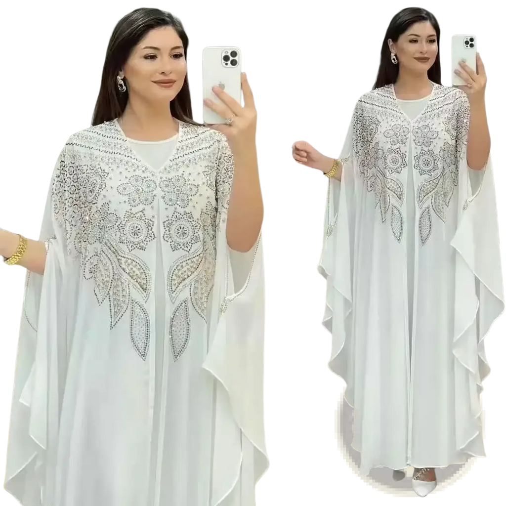 Plus size white flowing caftan abaya set with intricate silver beaded floral and leaf embroidery for african party wear