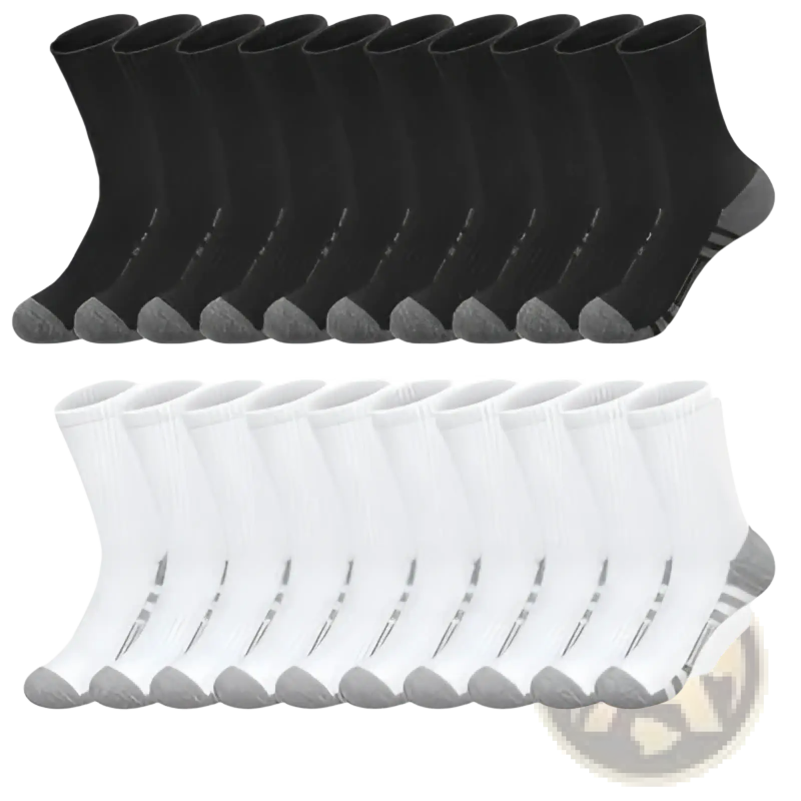 Plus size athletic crew socks in black and white with gray accents made of breathable cotton for sports use