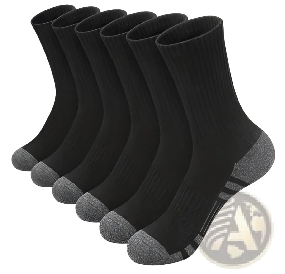 Plus size black athletic crew socks with gray toe and heel accents breathable cotton textured knit pattern