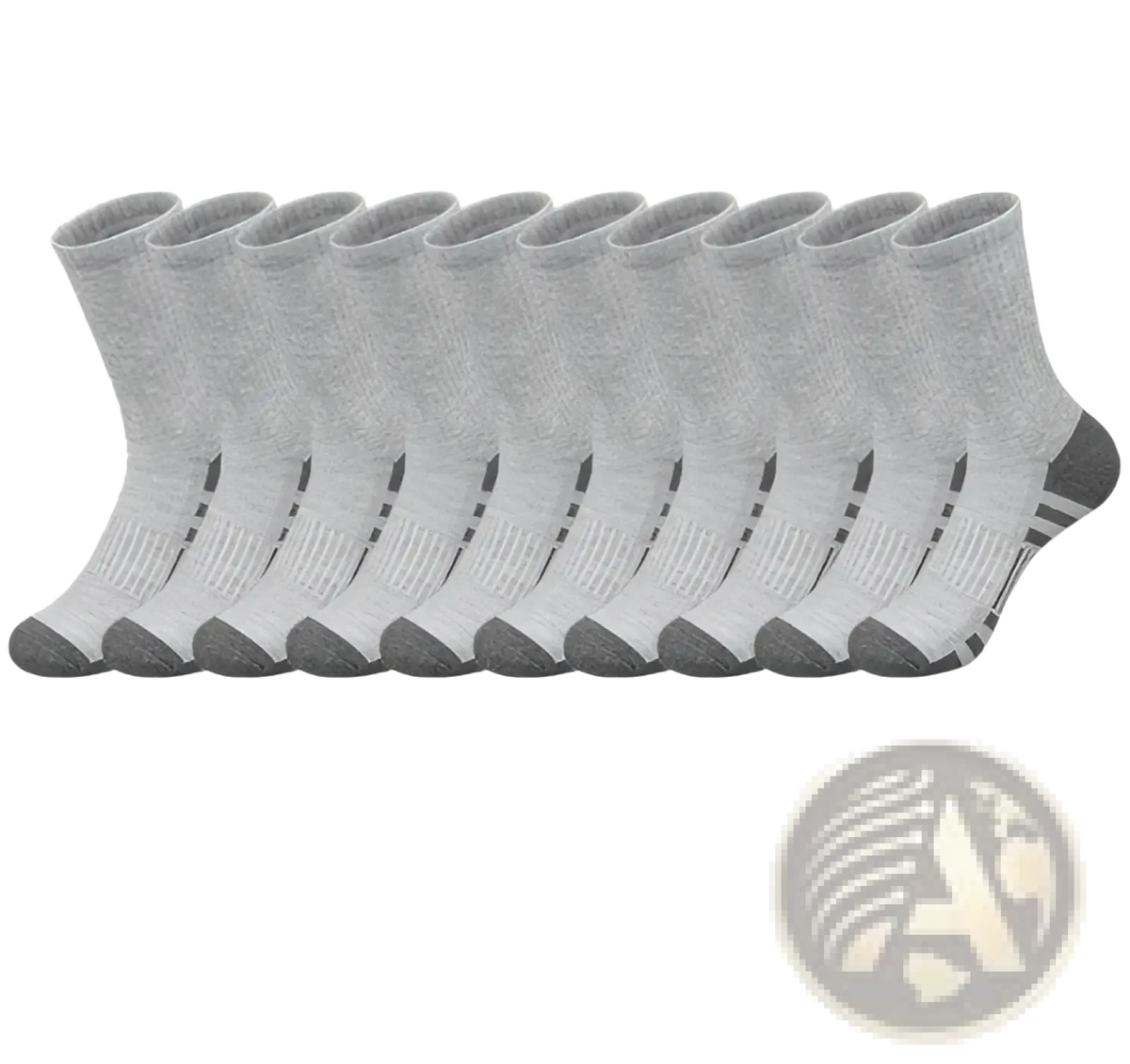 Plus size breathable cotton gray athletic crew socks with dark gray heel and toe accents and ribbed cuff