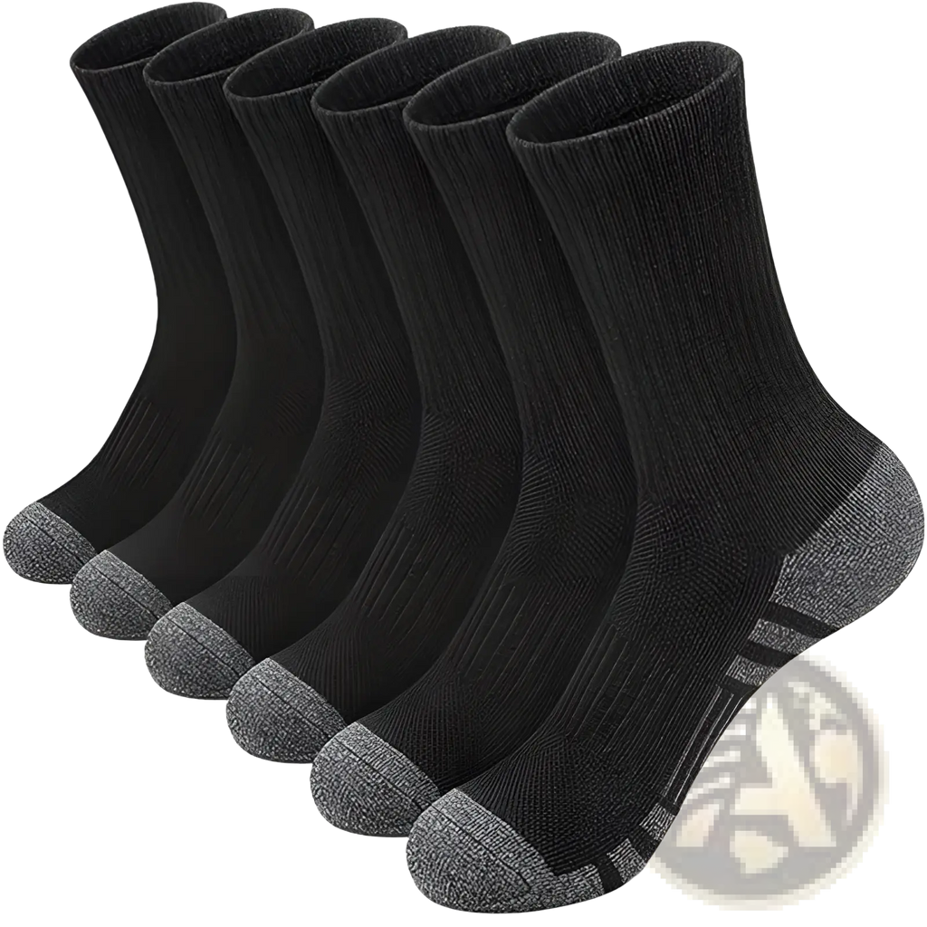 Plus size black athletic crew socks with gray toe and heel accents breathable cotton with ribbed cuff and side stripes