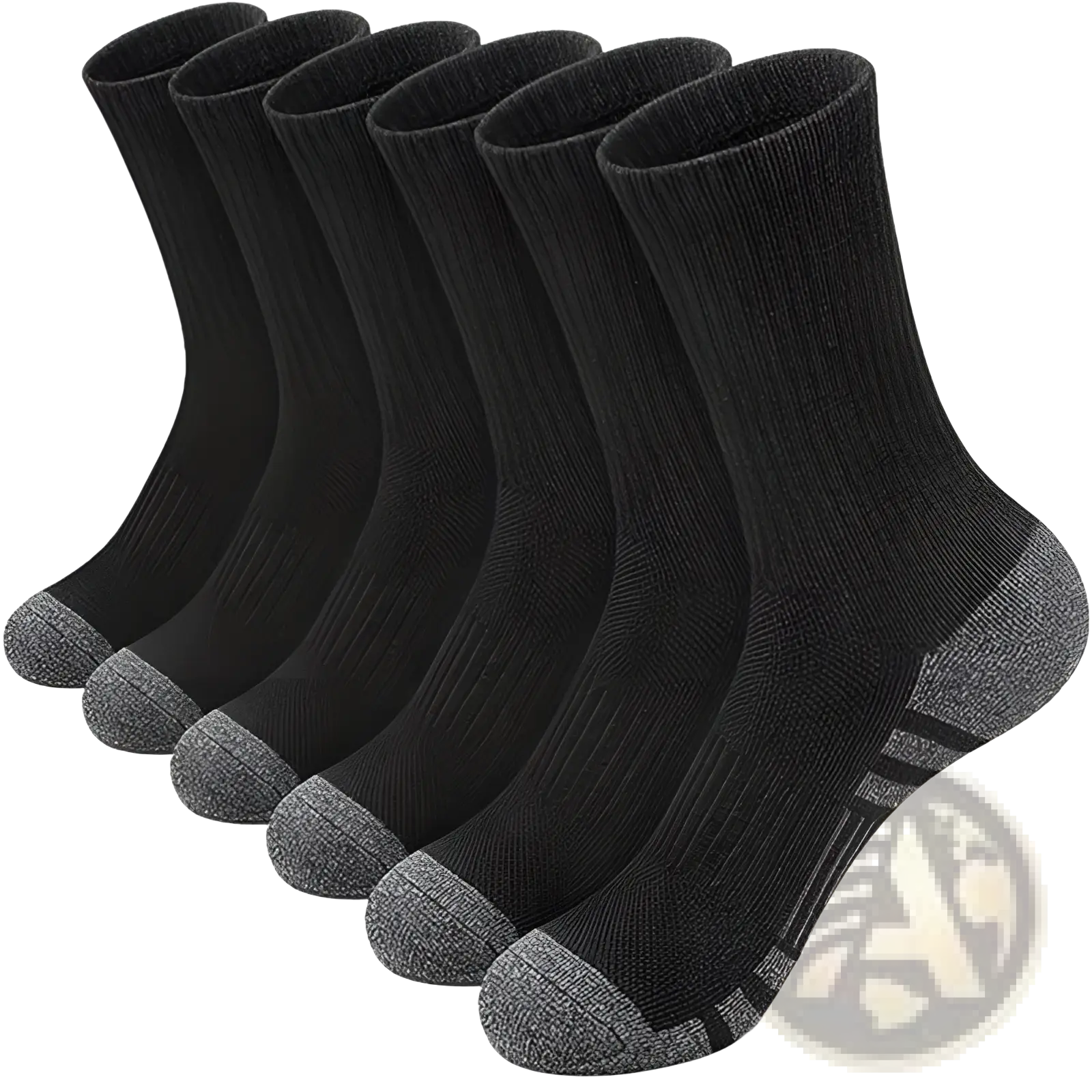 Plus size black athletic crew socks with gray toe and heel accents breathable cotton with ribbed cuff and side stripes