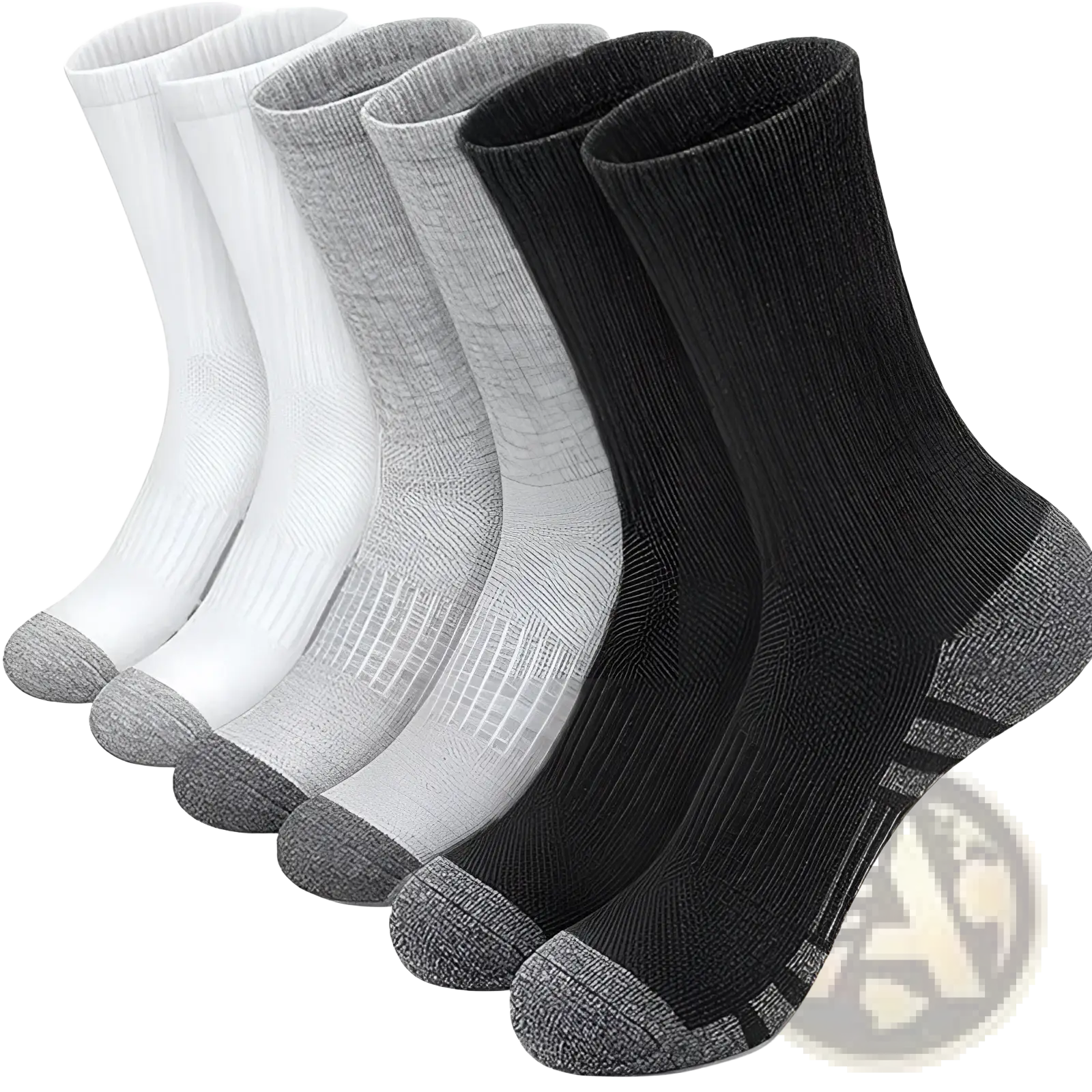 Set of five plus size athletic crew socks in white gray and black with reinforced toe heel breathable cotton material