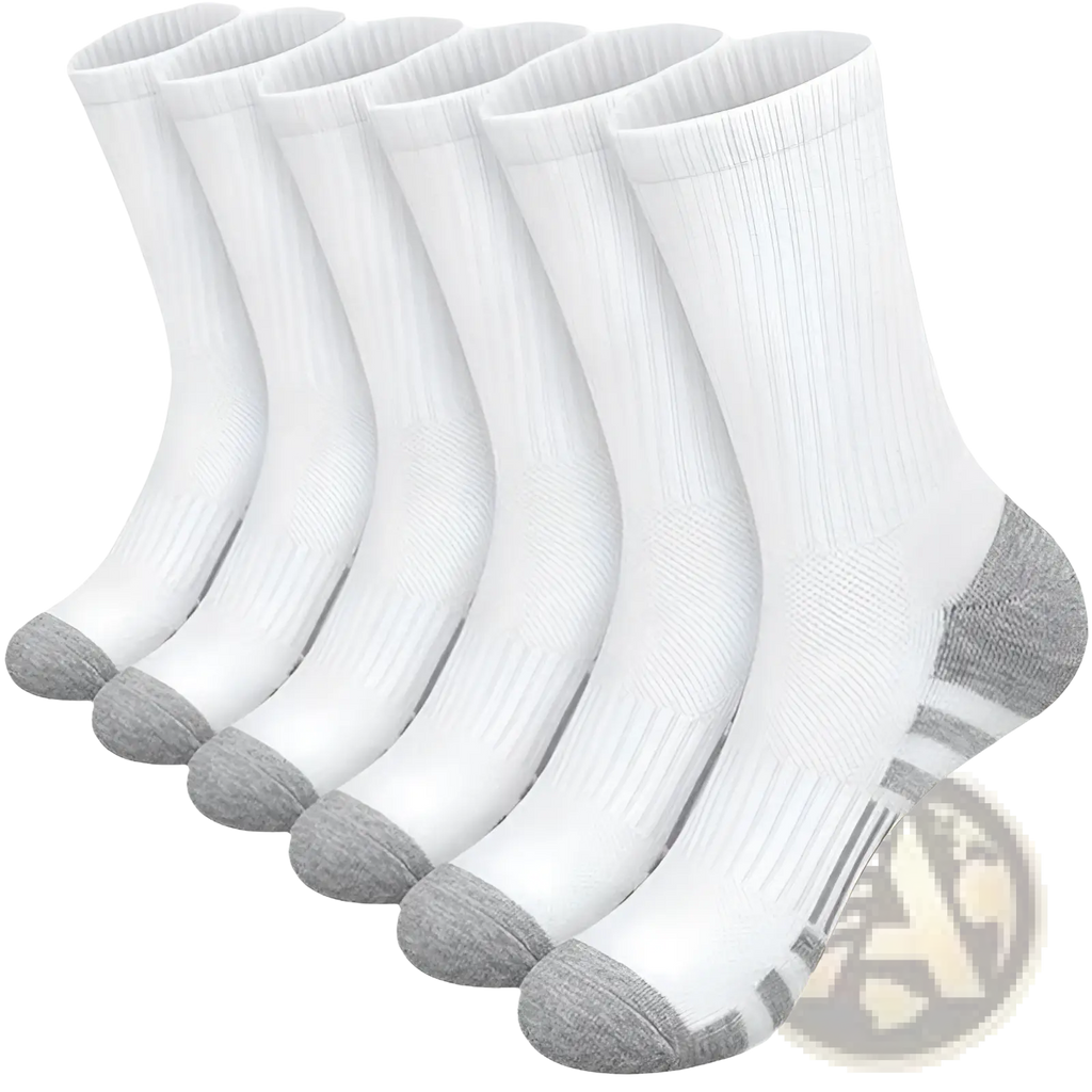 Plus size athletic crew socks in breathable white cotton with gray toe and heel accents and ribbed striped texture