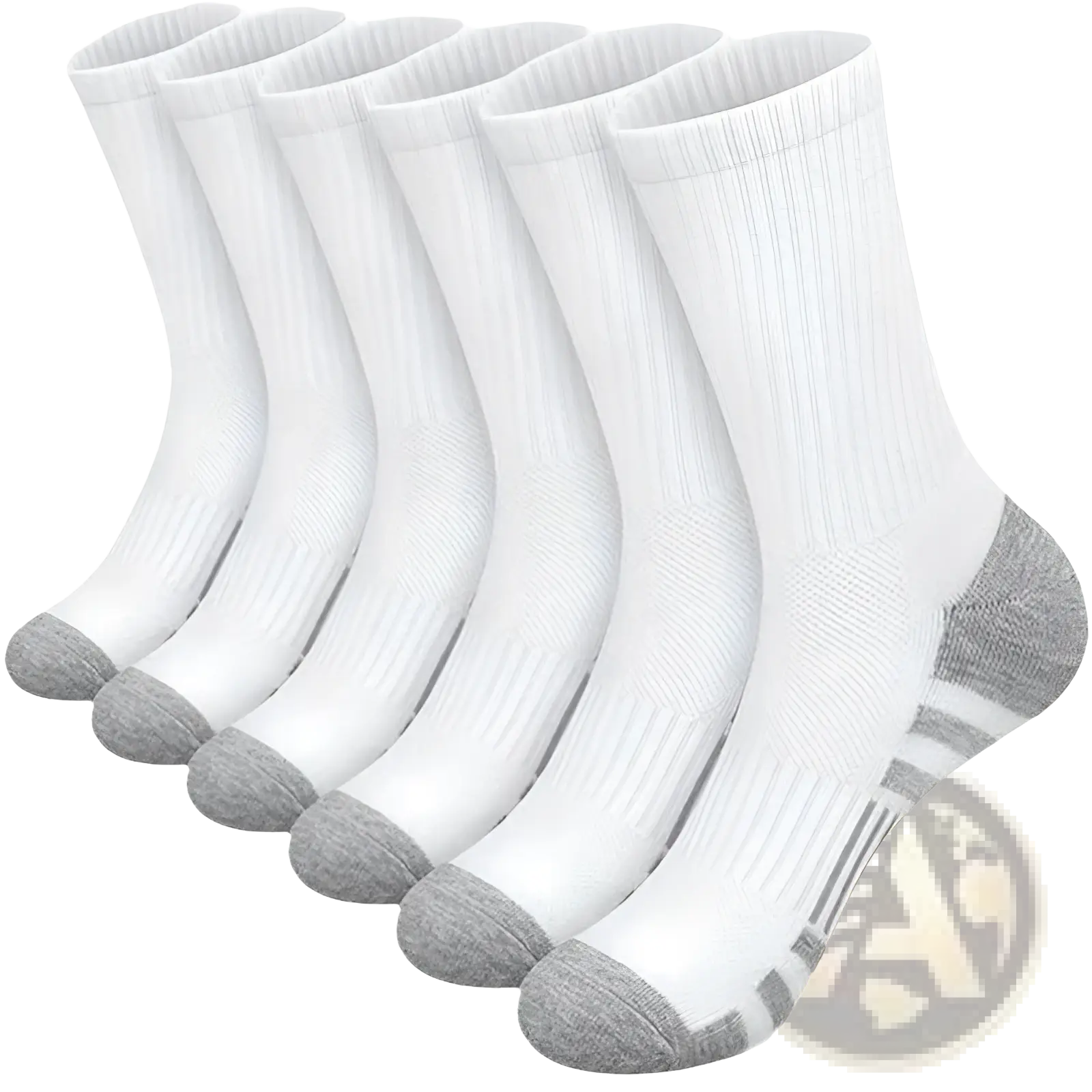 Plus size athletic crew socks in breathable white cotton with gray toe and heel accents and ribbed striped texture
