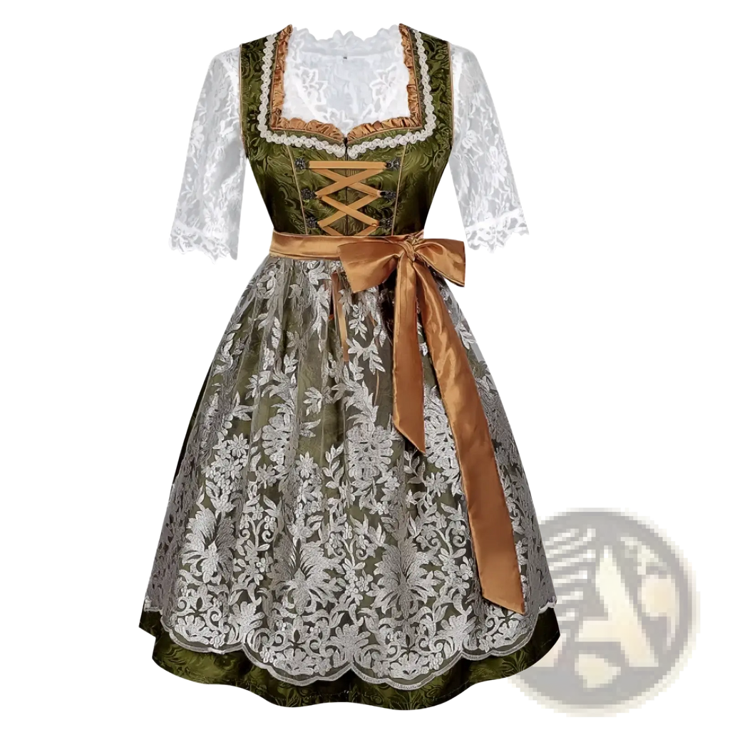 Plus size Bavarian beer festival medieval maid costume dress with olive green and silver floral lace white lace sleeves and gold bow