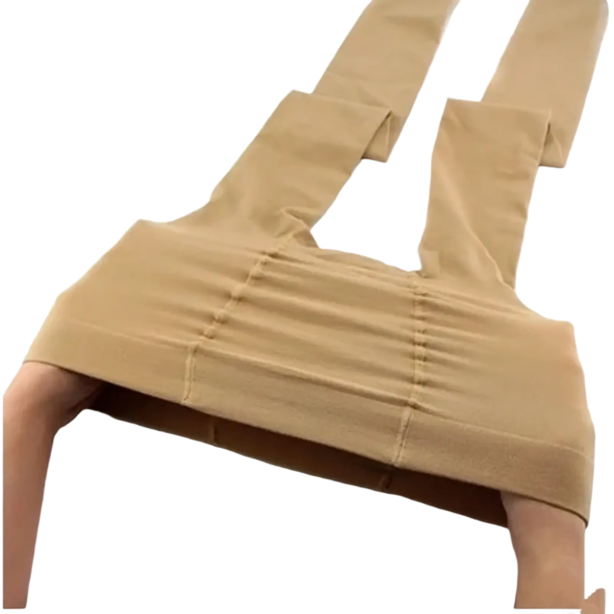 Plus size black fleece leggings with tan seamless tights featuring smooth stretchy fabric and reinforced waistband stitching