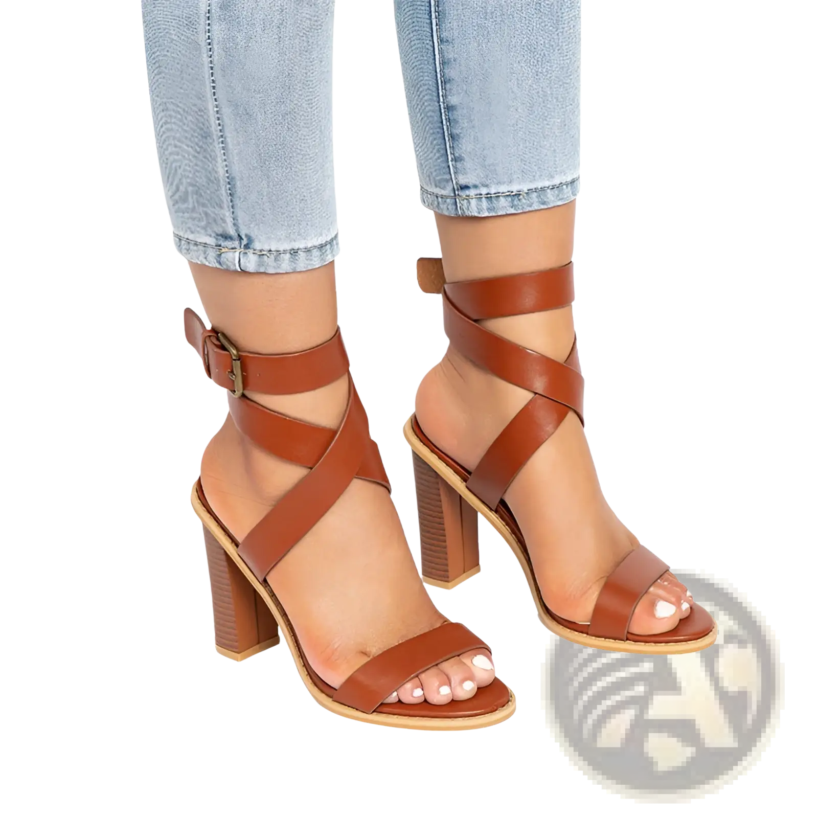Plus size brown leather block heel strappy sandals featuring high block heel and ankle strap in brown leather