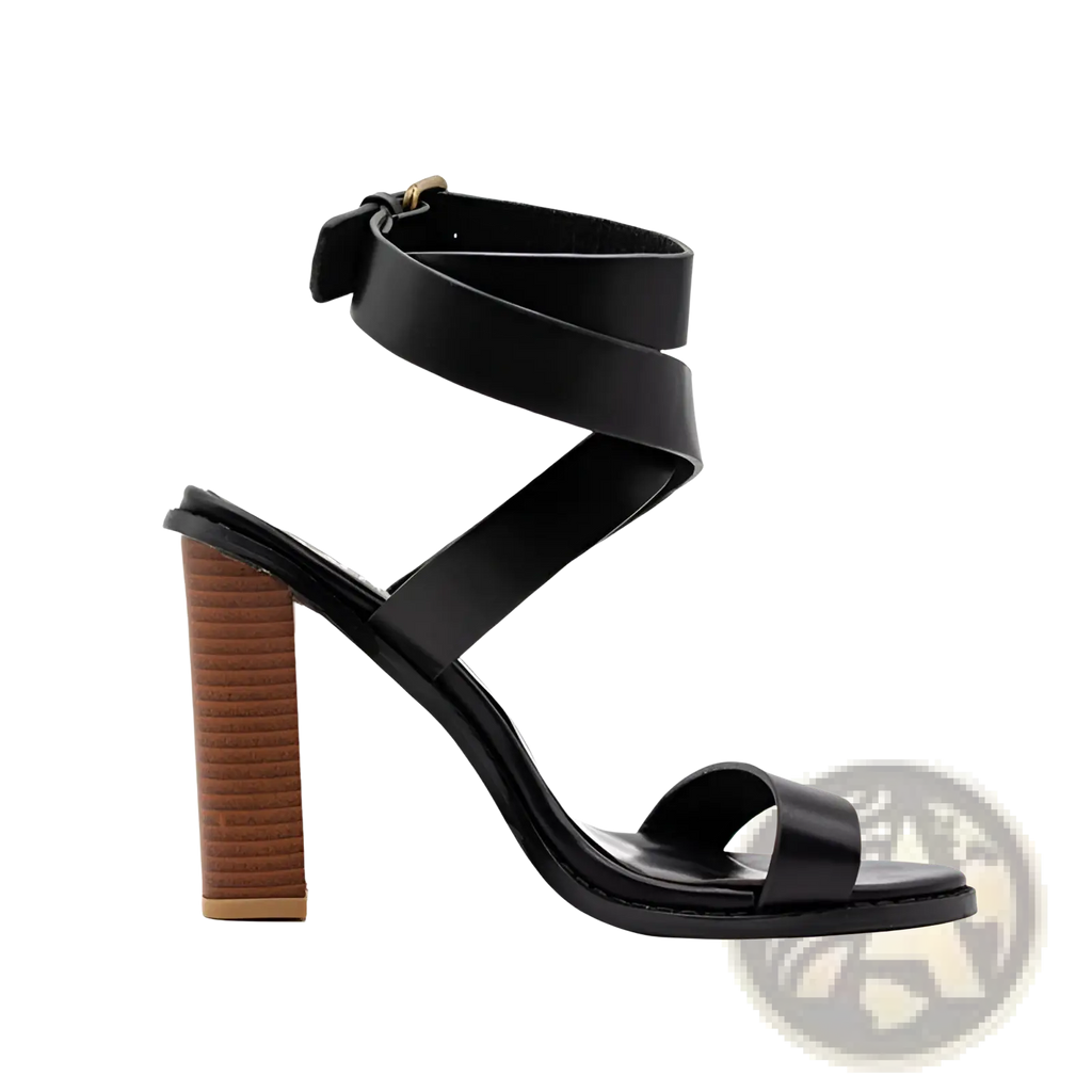 Plus size brown leather strappy sandals with a black leather upper and textured wooden block heel