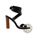 Plus size brown leather strappy sandals with a black leather upper and textured wooden block heel