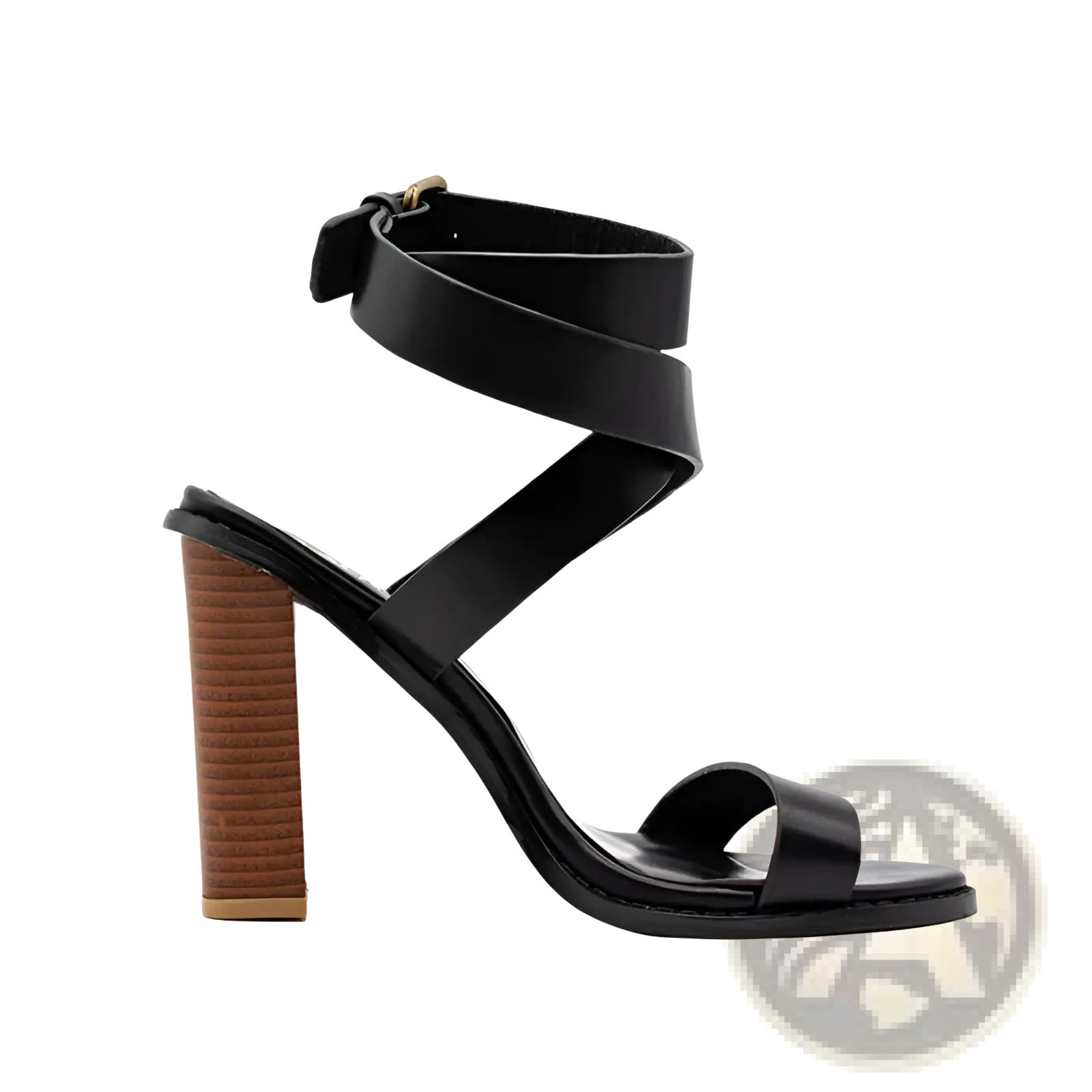 Plus size brown leather strappy sandals with a black leather upper and textured wooden block heel
