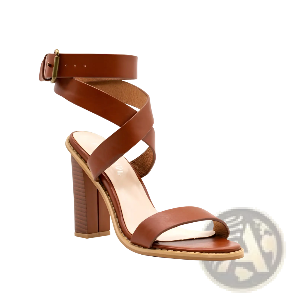 Plus size brown leather strappy sandal with chunky block heel and ankle strap shown from the back side