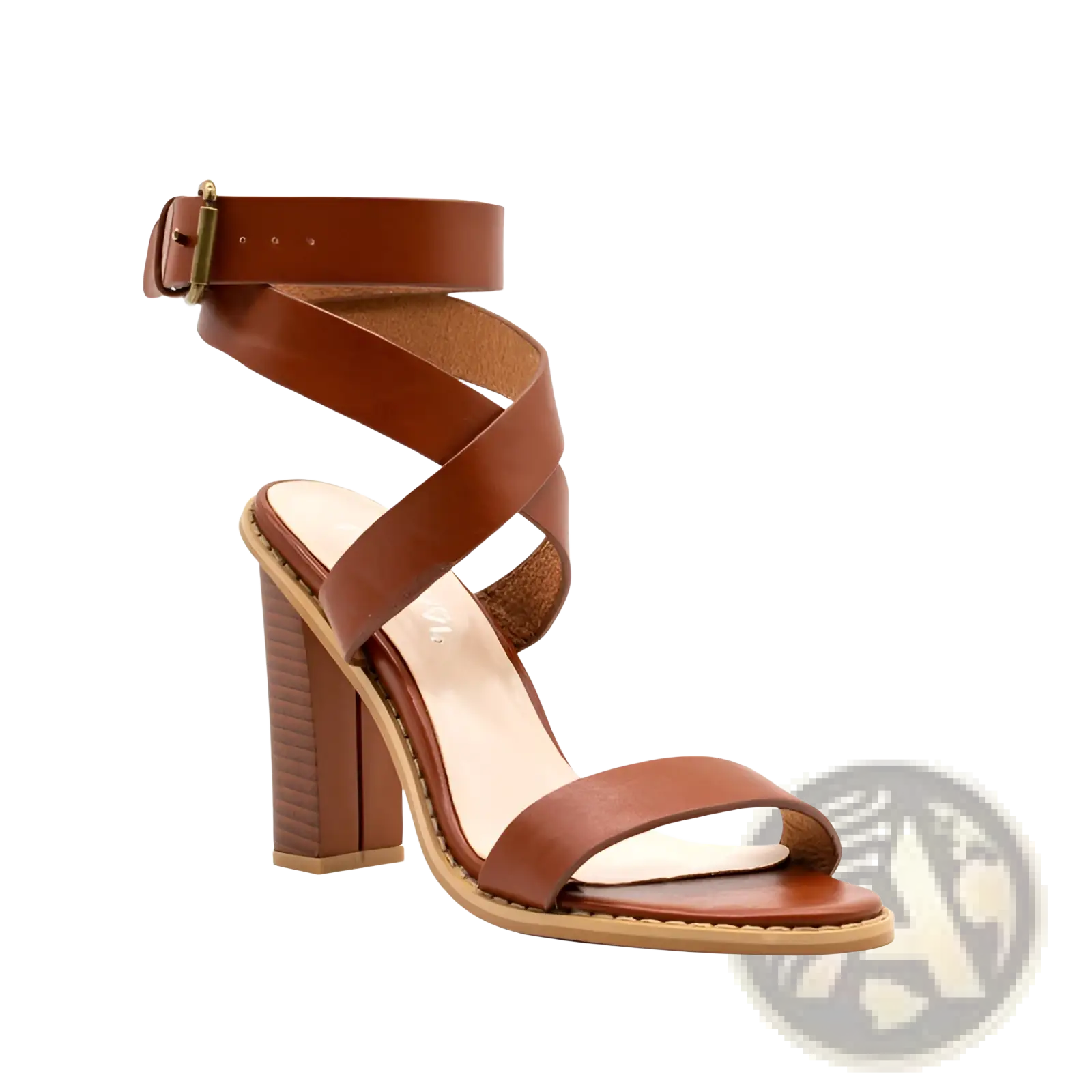 Plus size brown leather strappy sandal with chunky block heel and ankle strap shown from the back side