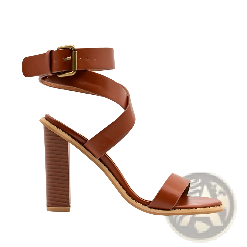 Plus size brown leather strappy sandal with textured block heel and gold toned buckle visible from the back side