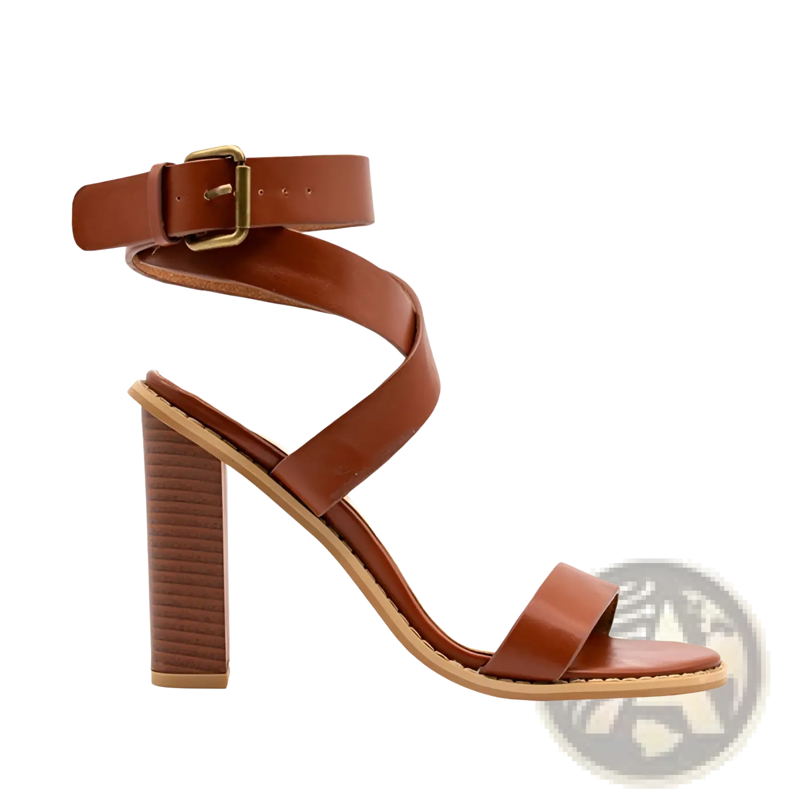 Plus size brown leather strappy sandal with textured block heel and gold toned buckle visible from the back side